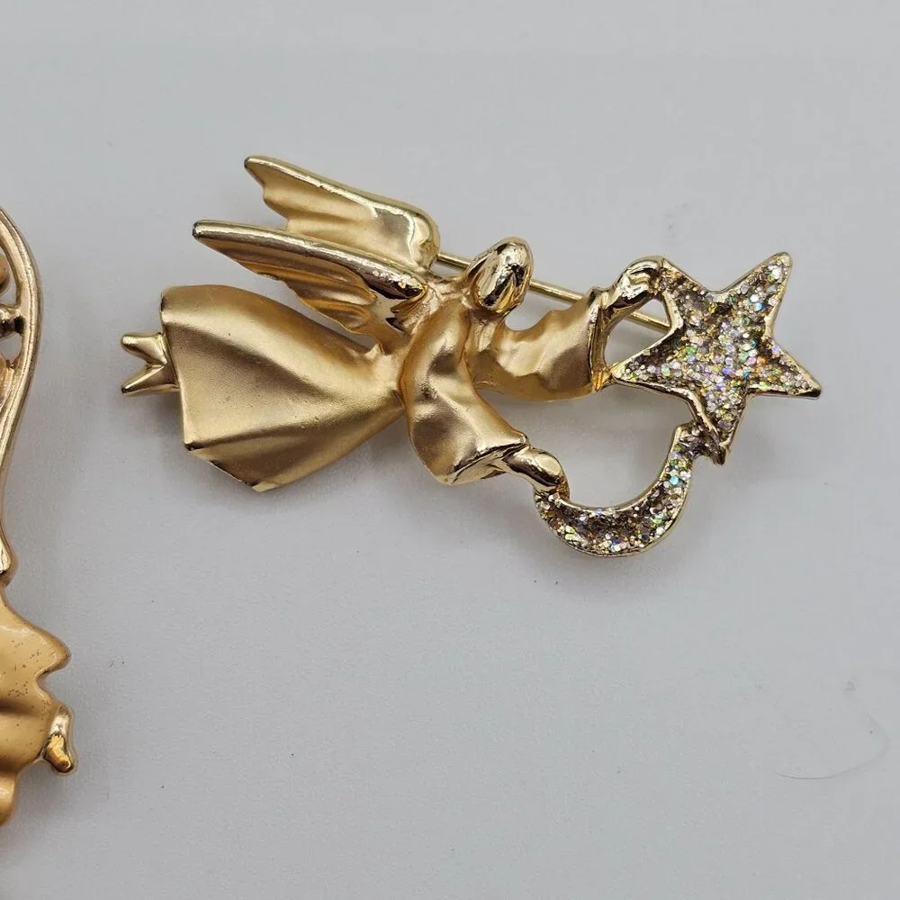 Festive Joy Holiday Gold Tone Angels Religious Faith Christian Brooch Pins‎ 2PC